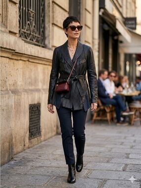 Elie Tahari Black Leather Laser-Cut Belted Wrap Jacket - XS